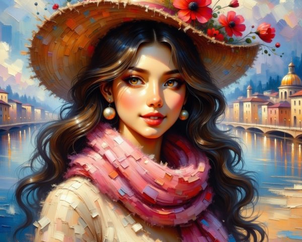 Young Woman in Straw Hat by Picturesque Riverside