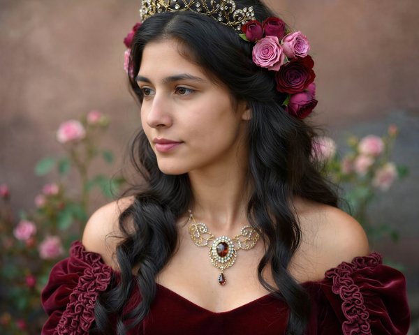 Princess in Red Velvet Gown with Floral Crown and Jewelry