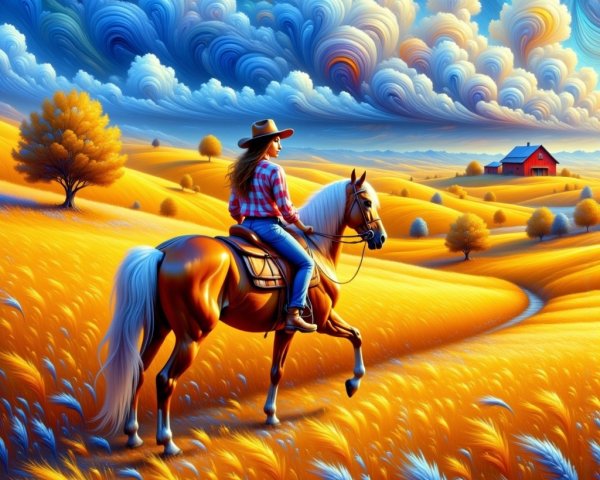 Rider on Horse in Golden Field with Rolling Hills