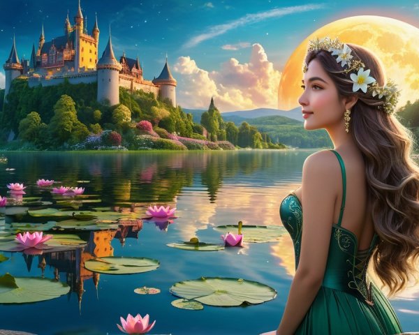 Young Woman by Lake with Lotus Flowers and Castle