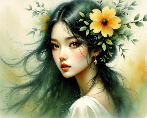 Serene Portrait of a Young Woman with Flowers and Leaves