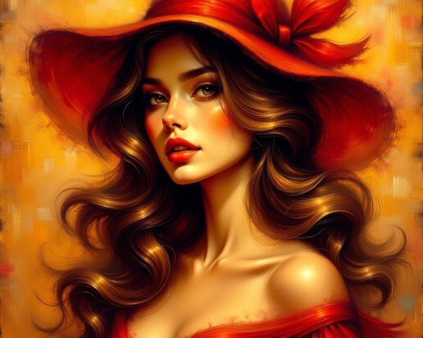 Portrait of a woman with red hat and off-shoulder dress