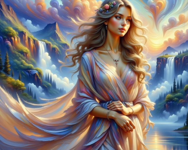 Surreal Landscape with Woman by Serene Lake