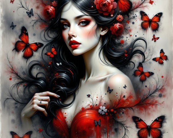 Digital Painting of Woman with Red Flowers and Butterflies