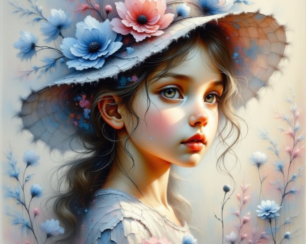 Young girl in wide-brimmed hat with floral elements