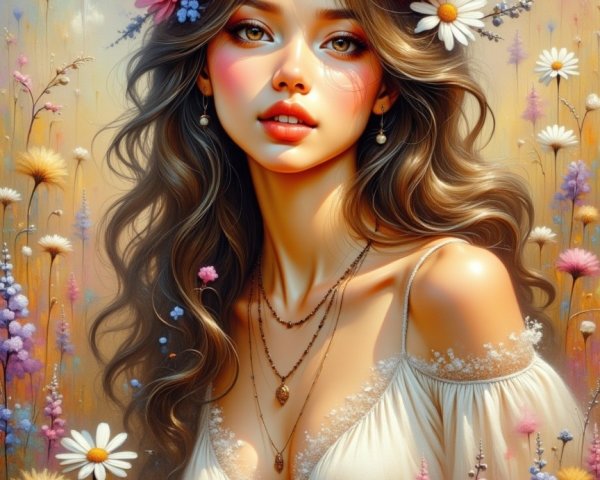 Young woman in white dress among vibrant wildflowers