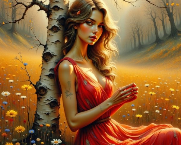 Young Woman in Red Dress by Birch Tree in Field