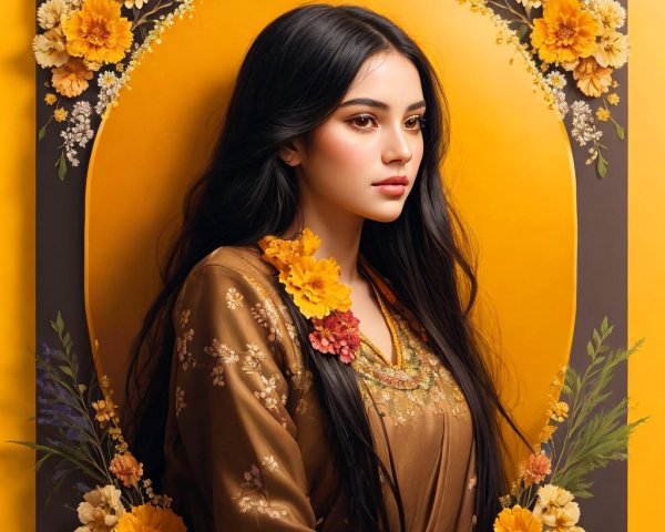 Young woman in embroidered brown outfit with floral patterns