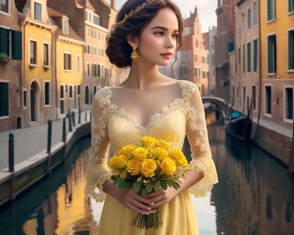 Young Woman in Yellow Gown by Tranquil Canal