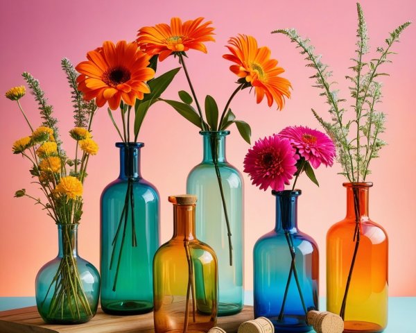 Colorful Glass Vases with Fresh Flowers on Wooden Surface