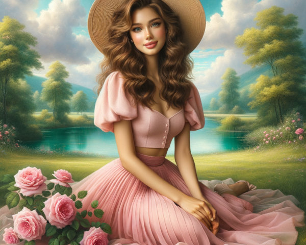 Young woman by a lake with roses and greenery