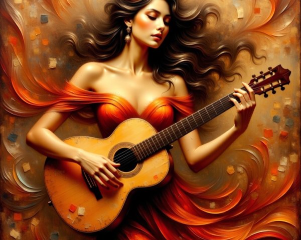 Captivating Woman with Guitar in Colorful Abstract Scene