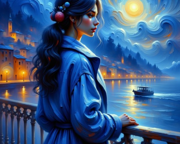 Young woman on balcony overlooking moonlit lakeside town