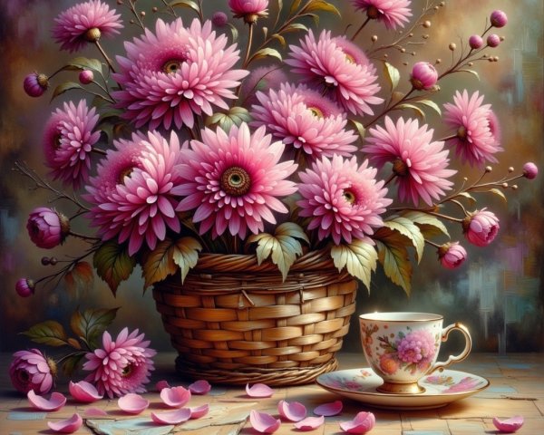 Vibrant Pink Chrysanthemums in Woven Basket Still Life