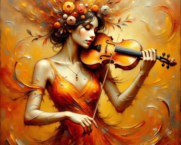 Woman in Orange Dress Playing Violin with Floral Crown