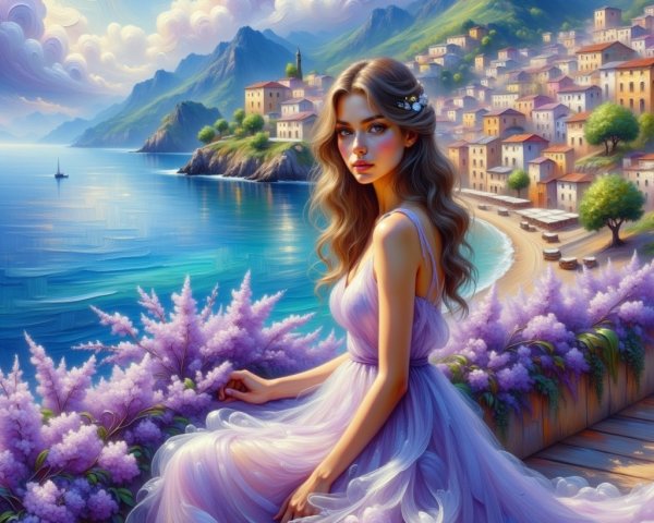 Coastal Scene with Woman in Lavender Gown and Flowers