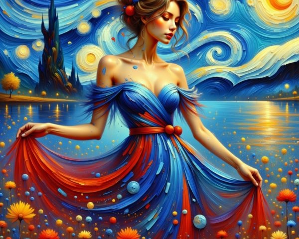 Elegant woman in gown by shimmering lake and stars
