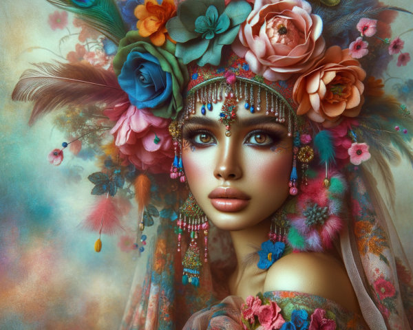 Portrait of a Woman with Floral Headdress and Bold Makeup