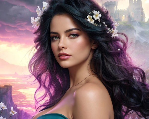 Young woman in teal dress with mystical landscape backdrop