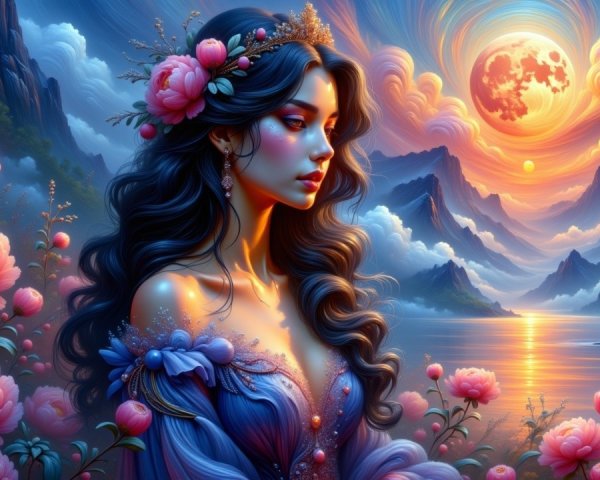 Young Woman with Floral Crown Amidst Nature's Beauty