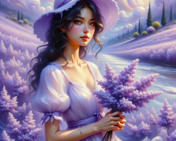 Young Woman in Lavender Field with Purple Flowers