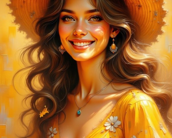 Young Woman in Yellow Dress with Floral Patterns