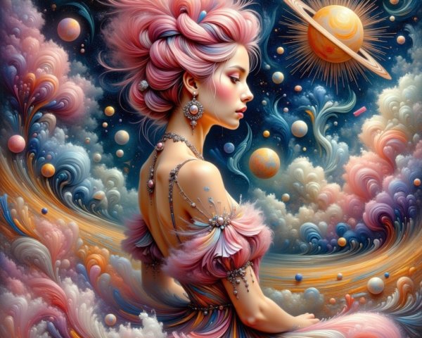 Fantastical Woman with Cosmic Elements and Planets