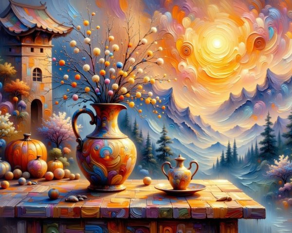 Vibrant landscape with colorful vase and teapot scene