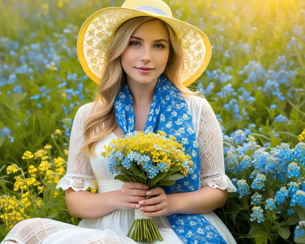 Young Woman in Flower Field with White Dress and Hat
