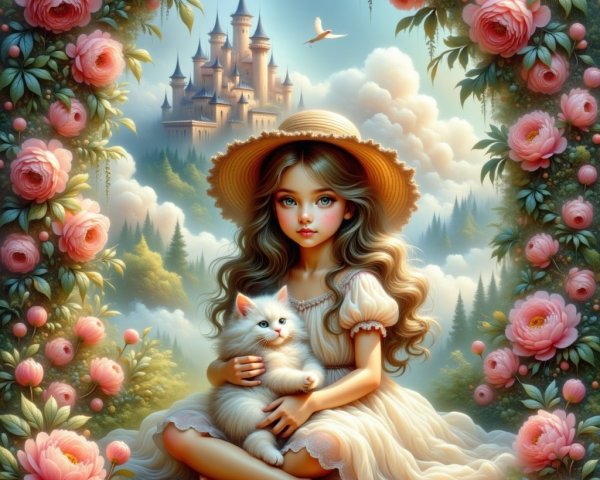 Young Girl in Garden with Castle and White Cat