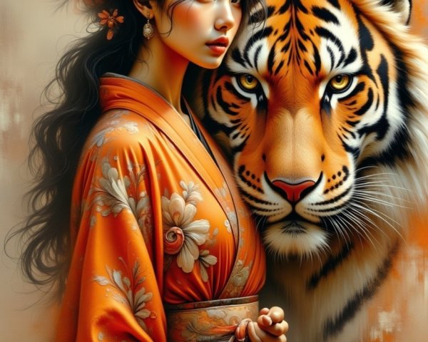 Woman in Orange Kimono with Tiger in Warm Setting