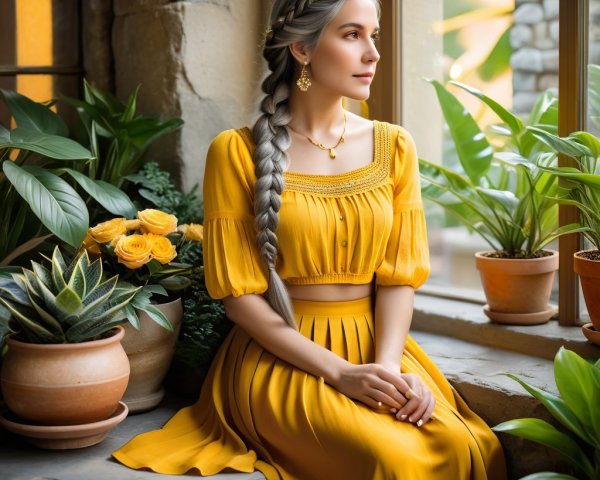Young woman with silver hair in sunny indoor setting