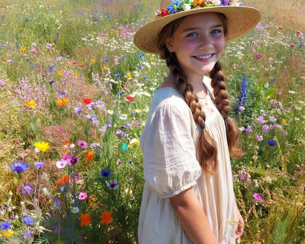 Smiling Little Girl in Colorful Wildflower Field