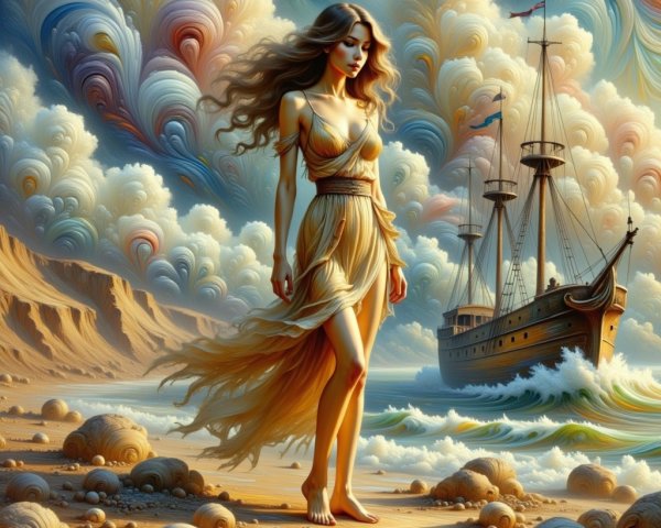 Surreal Scene of a Woman on a Sandy Shore