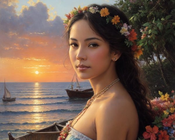 Young Woman by Water at Sunset with Floral Crown