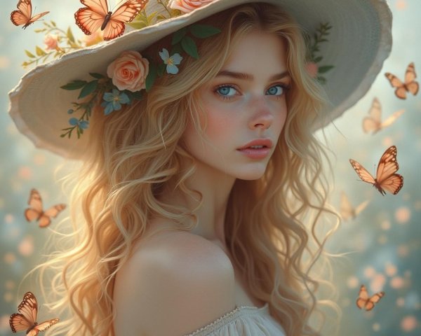 Young woman in flower hat with butterflies in background