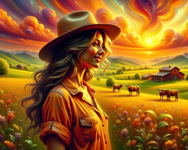 Young Woman in Colorful Sunset Landscape with Flowers