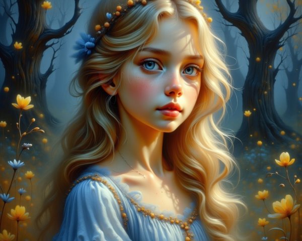 Young girl in a mystical forest with glowing light