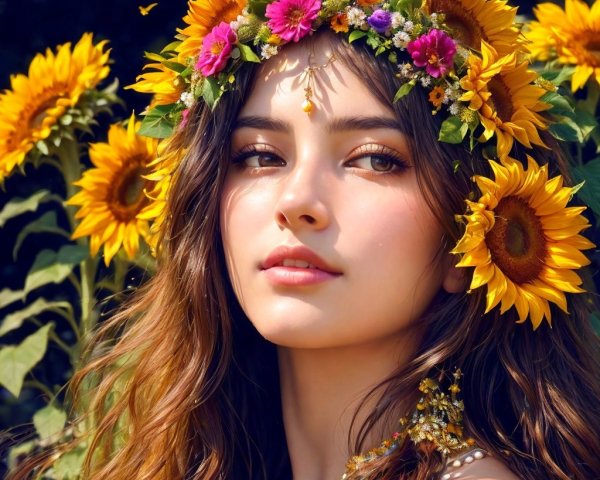 Young woman with floral crown in sunny setting