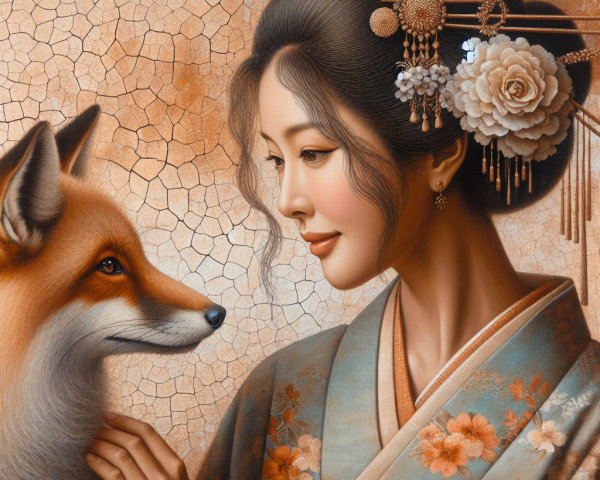 Serene Woman in Traditional Attire with Fox Companion
