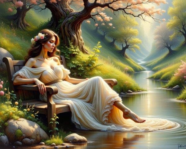 Serene Landscape with Stream and Woman in Gown