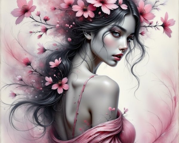 Portrait of a woman with cherry blossoms in hair