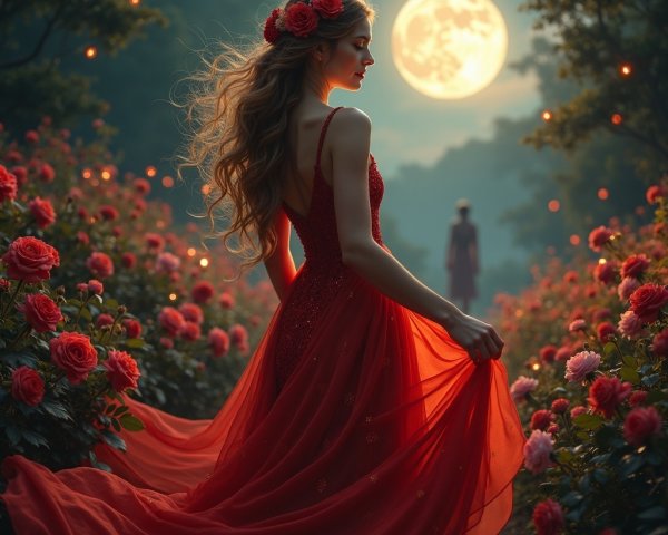 Young Woman in Red Gown in Lush Rose Garden