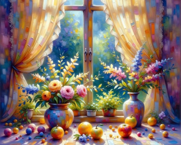 Vibrant Still Life with Sunlit Window and Flowers