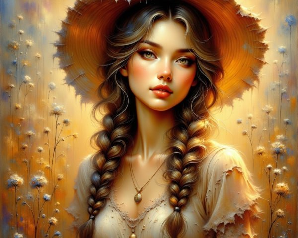 Young woman in straw hat amidst dreamy florals