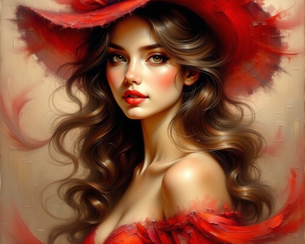 Glamorous Woman in Red Hat with Intricate Feathers