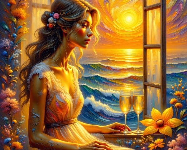 Young Woman in Sunset Light with Champagne and Flowers