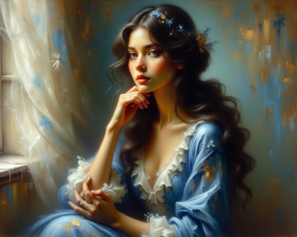 Young Woman in Blue Gown by a Window with Nature