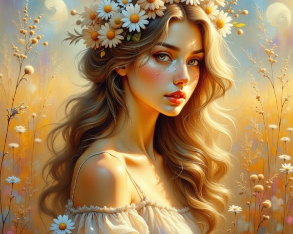 Young woman with daisies in hair and flowing dress