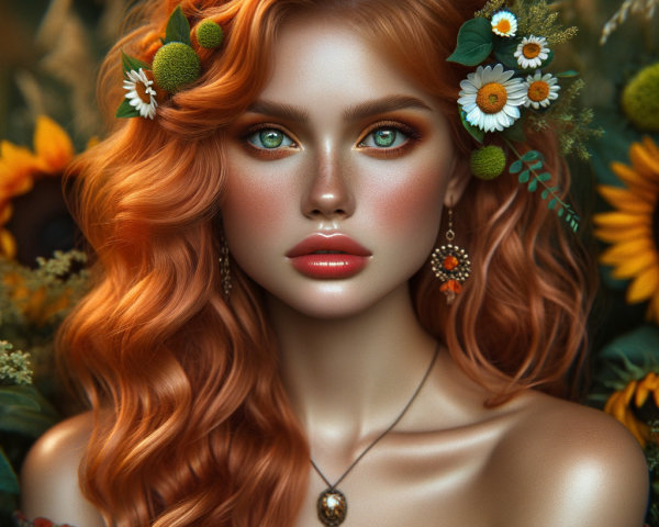 Captivating Woman with Red Hair in Floral Setting